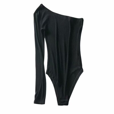 Dámske sexy body s odhalenými ramenami, asymetrický dlhý rukáv, šikmý výstrih, leto 2022, čiernobiele jednofarebné plavky