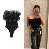 UETEEY sieviešu modes ar organzas volāniem, ribām, trikotāžas bodīšiem, vintage taisnu kakla izgriezumu, pleciem, sieviešu rotaļu tērpi Mujer