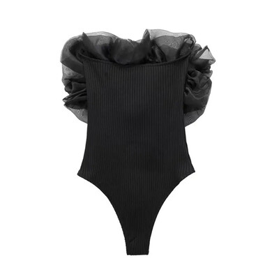 UETEEY sieviešu modes ar organzas volāniem, ribām, trikotāžas bodīšiem, vintage taisnu kakla izgriezumu, pleciem, sieviešu rotaļu tērpi Mujer