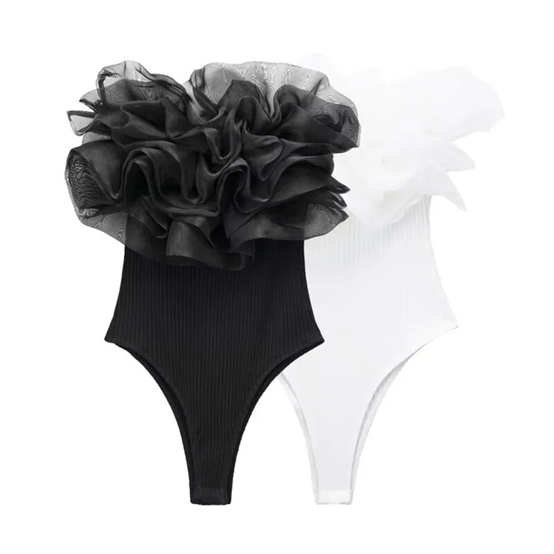 UETEEY sieviešu modes ar organzas volāniem, ribām, trikotāžas bodīšiem, vintage taisnu kakla izgriezumu, pleciem, sieviešu rotaļu tērpi Mujer