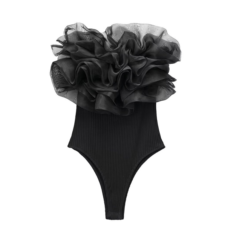 UETEEY sieviešu modes ar organzas volāniem, ribām, trikotāžas bodīšiem, vintage taisnu kakla izgriezumu, pleciem, sieviešu rotaļu tērpi Mujer