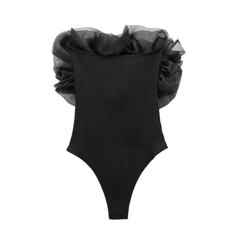 UETEEY sieviešu modes ar organzas volāniem, ribām, trikotāžas bodīšiem, vintage taisnu kakla izgriezumu, pleciem, sieviešu rotaļu tērpi Mujer