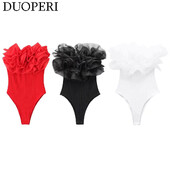 DUOPERI Body cu nervuri la modă pentru femei, cu volane din organza, cu elastic înalt, sexy, Y2K, pentru femei, șic, ocazional, dulce