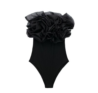 DUOPERI Body cu nervuri la modă pentru femei, cu volane din organza, cu elastic înalt, sexy, Y2K, pentru femei, șic, ocazional, dulce