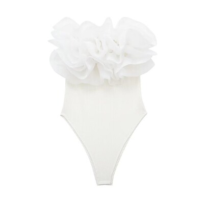 DUOPERI Body cu nervuri la modă pentru femei, cu volane din organza, cu elastic înalt, sexy, Y2K, pentru femei, șic, ocazional, dulce