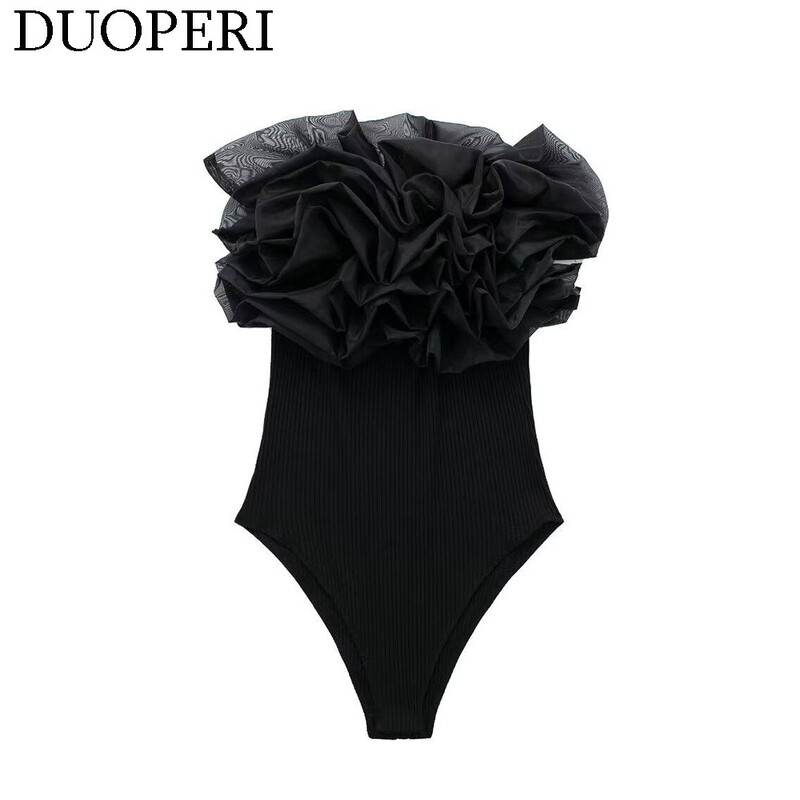 DUOPERI Body cu nervuri la modă pentru femei, cu volane din organza, cu elastic înalt, sexy, Y2K, pentru femei, șic, ocazional, dulce