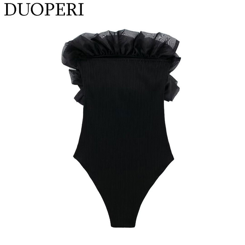 DUOPERI Body cu nervuri la modă pentru femei, cu volane din organza, cu elastic înalt, sexy, Y2K, pentru femei, șic, ocazional, dulce
