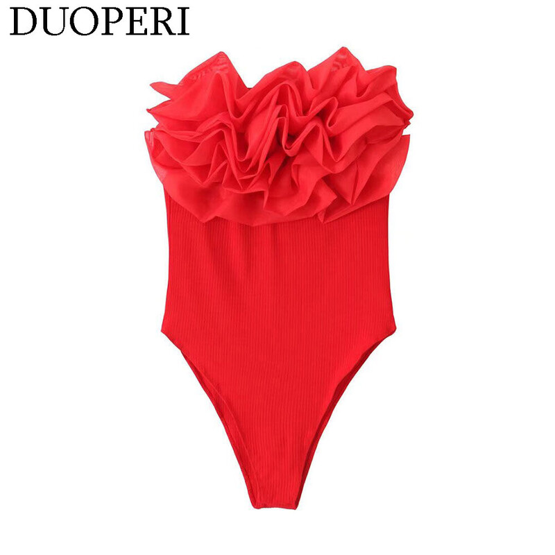 DUOPERI Body cu nervuri la modă pentru femei, cu volane din organza, cu elastic înalt, sexy, Y2K, pentru femei, șic, ocazional, dulce