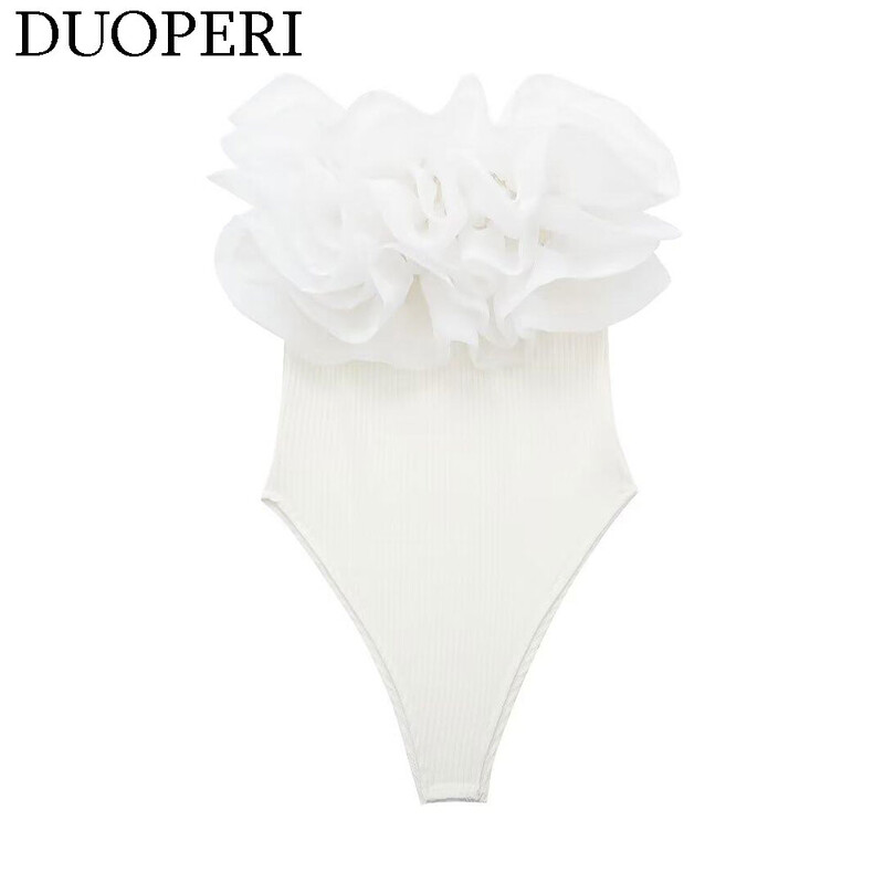 DUOPERI Body cu nervuri la modă pentru femei, cu volane din organza, cu elastic înalt, sexy, Y2K, pentru femei, șic, ocazional, dulce