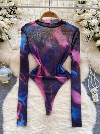 SINGREINY Tie Dye läbipaistev sensuaalsed bodid Naiste O kaelaga pikkade varrukatega läbipaistev õhuke pluus Moodne Y2K võrgust prinditud mängukostüümid