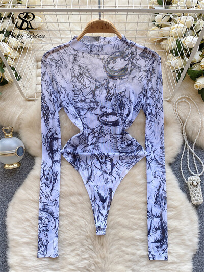 SINGREINY Tie Dye läbipaistev sensuaalsed bodid Naiste O kaelaga pikkade varrukatega läbipaistev õhuke pluus Moodne Y2K võrgust prinditud mängukostüümid