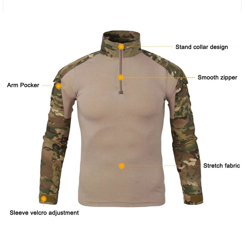 Tricouri pentru antrenament tactic în aer liber pentru drumeții pentru bărbați, camuflaj, cu mânecă lungă, cămașă pentru alpinism, haine de sport respirabile pentru bărbați