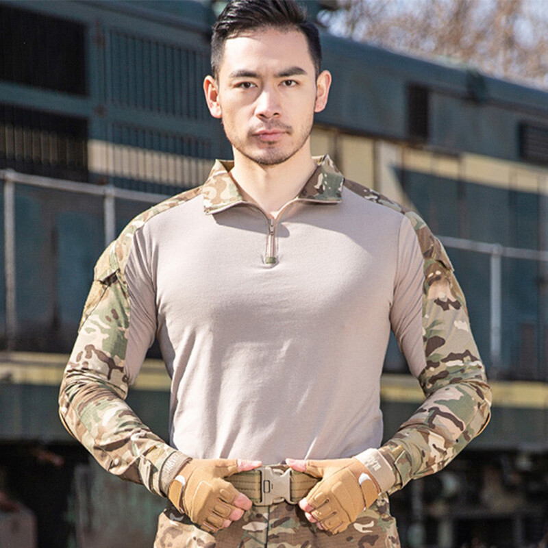 Tricouri pentru antrenament tactic în aer liber pentru drumeții pentru bărbați, camuflaj, cu mânecă lungă, cămașă pentru alpinism, haine de sport respirabile pentru bărbați
