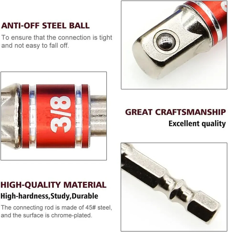 Šešiabriaunis elektrinis grąžtas smūginis suktuvo lizdas, prailginimo adapteris, išplėstas keitiklis į greitaeigį veržlę, vyrišką kvadratinį veržliaraktį 1/4 3/8 1/2