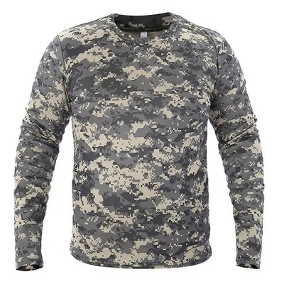 Tricou cu mânecă lungă de camuflaj tactic pentru bărbați, cu uscare rapidă în aer liber, pentru drumeții, tricou militar tactic, cămașă de camping de primăvară și toamnă
