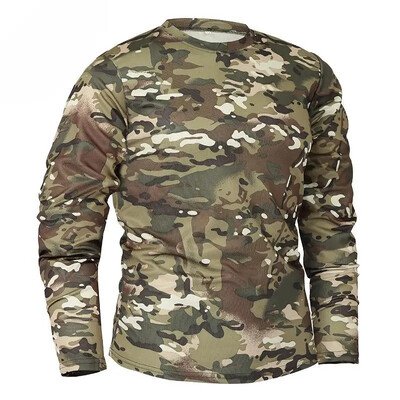 Tricou cu mânecă lungă de camuflaj tactic pentru bărbați, cu uscare rapidă în aer liber, pentru drumeții, tricou militar tactic, cămașă de camping de primăvară și toamnă