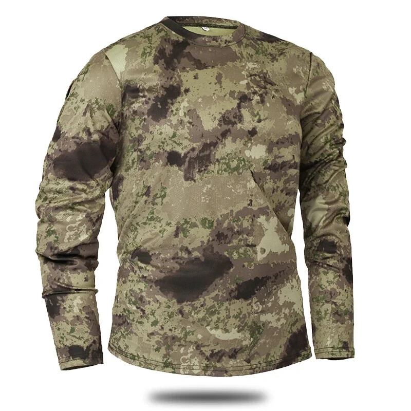 Tricou cu mânecă lungă de camuflaj tactic pentru bărbați, cu uscare rapidă în aer liber, pentru drumeții, tricou militar tactic, cămașă de camping de primăvară și toamnă