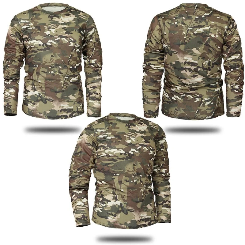 Tricou cu mânecă lungă de camuflaj tactic pentru bărbați, cu uscare rapidă în aer liber, pentru drumeții, tricou militar tactic, cămașă de camping de primăvară și toamnă