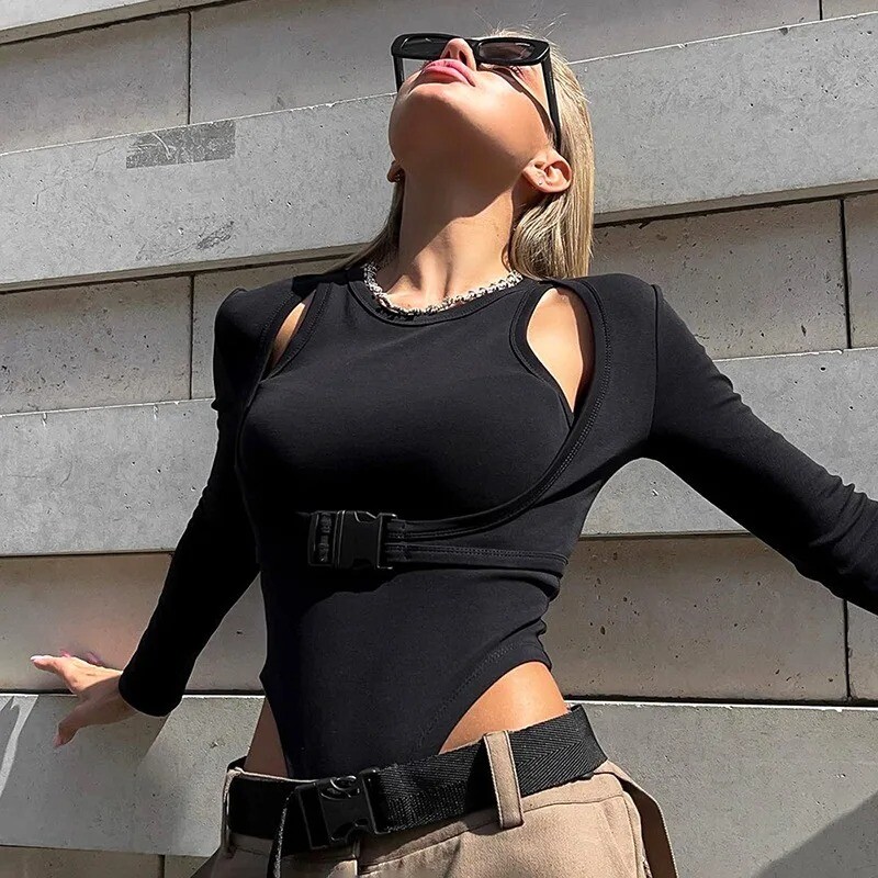 Body cu tricot în coastă pentru femei Set din două piese Salopetă cu mânecă scurtă cu mânecă scurtă pentru femei Goth Top ținute corporale negre