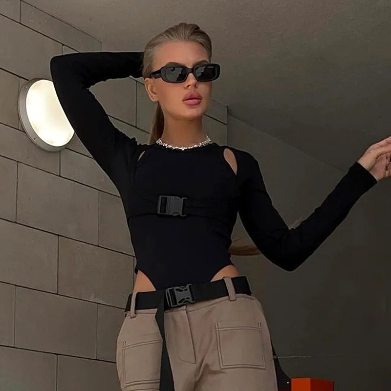 Body cu tricot în coastă pentru femei Set din două piese Salopetă cu mânecă scurtă cu mânecă scurtă pentru femei Goth Top ținute corporale negre