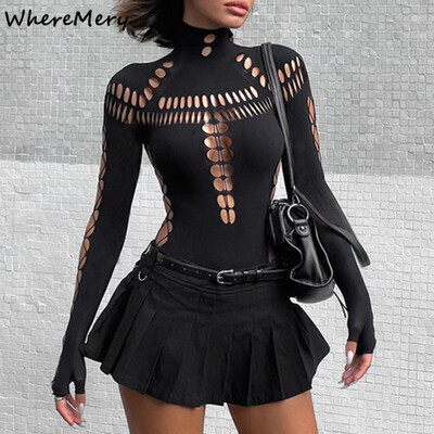 WhereMery Solid Hollow Out Bodijs ar augstu apkakli Sexy Bodycon šauras garām piedurknēm T krekli Sieviešu gotikas punk Streetwear Bodijs