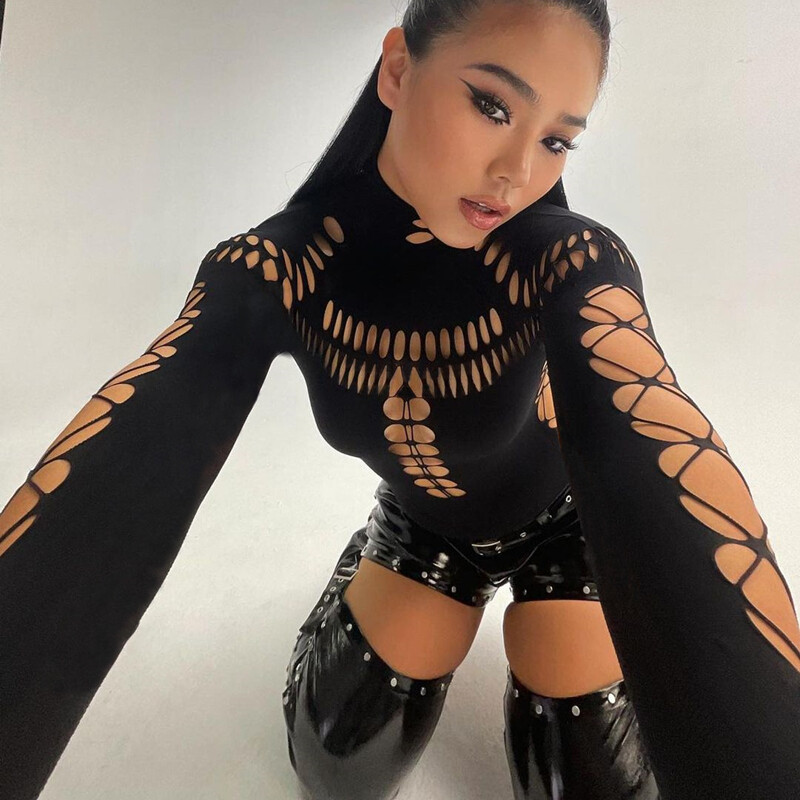 WhereMery Solid Hollow Out Φορμάκι με ψηλό γιακά Σέξι κορμάκι κοκαλιάρικο μακρυμάνικο μπλουζάκι Γυναικεία γοτθικά πανκ φορμάκια streetwear