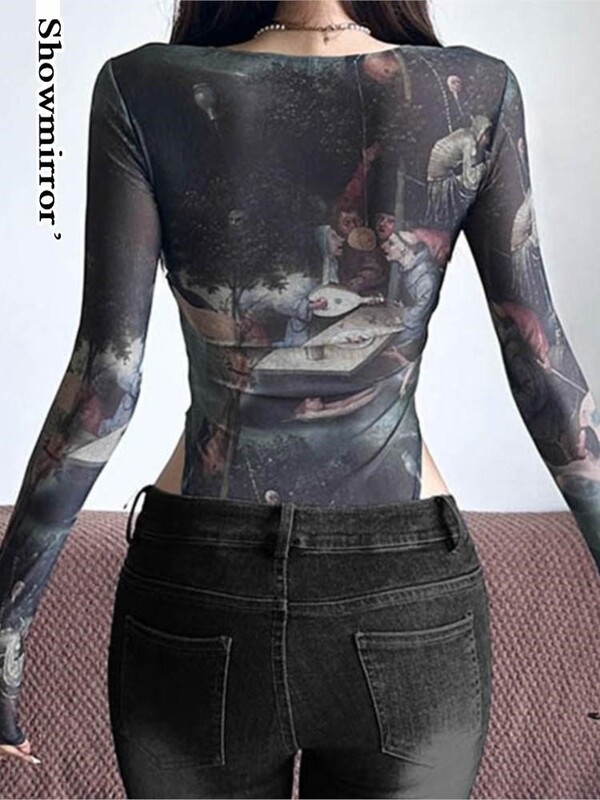 vintage εμπριμέ κορμάκια από δαντέλα see through slim gothic party club ρούχα με μακριά μανίκια γυναικεία καλοκαιρινά streetwear