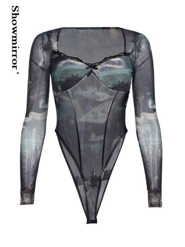 vintage εμπριμέ κορμάκια από δαντέλα see through slim gothic party club ρούχα με μακριά μανίκια γυναικεία καλοκαιρινά streetwear