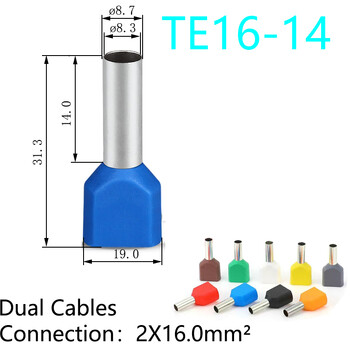 100PCS Dual Wires TE Series Insolated Ferrules Cable Og Crimp CopperTerminal Electrical block End Connector Cord 2x0,5mm²~16mm²