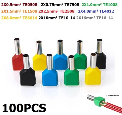 100PCS Dual Wires TE Series Insolated Ferrules Cable Og Crimp CopperTerminal Electrical block End Connector Cord 2x0,5mm²~16mm²