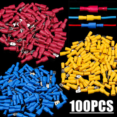 100PCS Изолирани женски и мъжки клеми за кримпване, челно снаждане 6,3 mm електрически проводник, кабелни конектори, щепсел за кабел за окабеляване