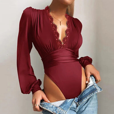 Sexy Deep V Lace Up Skinny Dantela Body pentru femei Stretch cu mânecă lungă Crotch Deschis Body One Piece Playsuit pentru femei