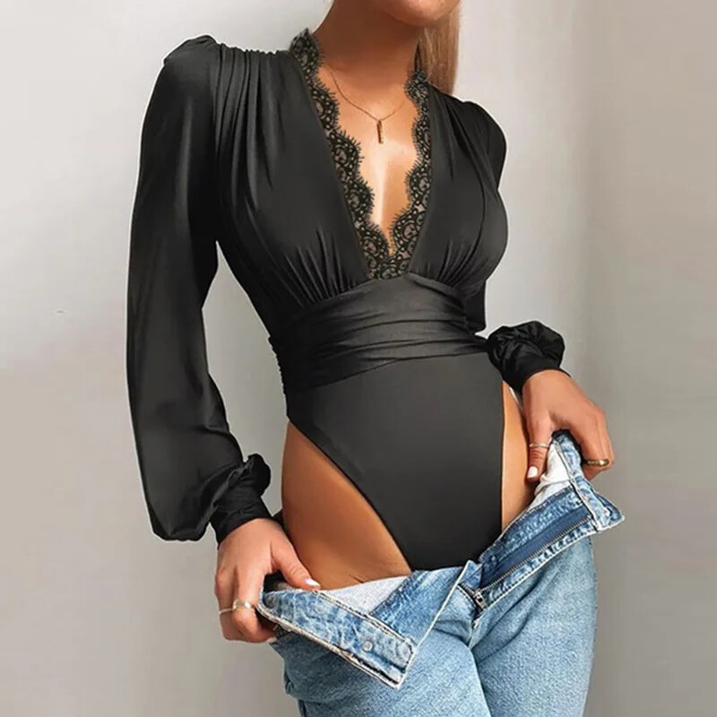 Sexy Deep V Lace Up Skinny Dantela Body pentru femei Stretch cu mânecă lungă Crotch Deschis Body One Piece Playsuit pentru femei
