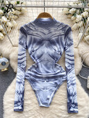 SINGREINY madingi viršutiniai drabužiai Seksualūs Bodysuits Moteriški apykaklė ilgomis rankovėmis Ploni Y2K Viršutinė apvalkalu atvira tarpkojo porno spausdinti žaidimų kostiumai