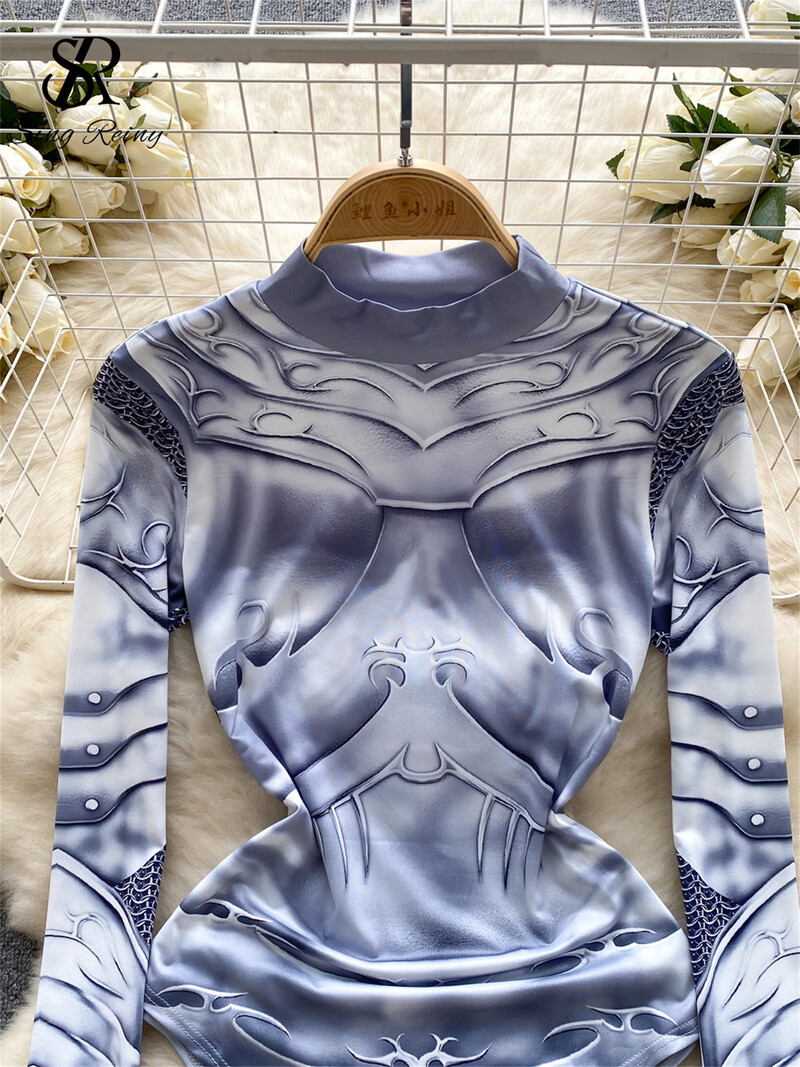 SINGREINY madingi viršutiniai drabužiai Seksualūs Bodysuits Moteriški apykaklė ilgomis rankovėmis Ploni Y2K Viršutinė apvalkalu atvira tarpkojo porno spausdinti žaidimų kostiumai