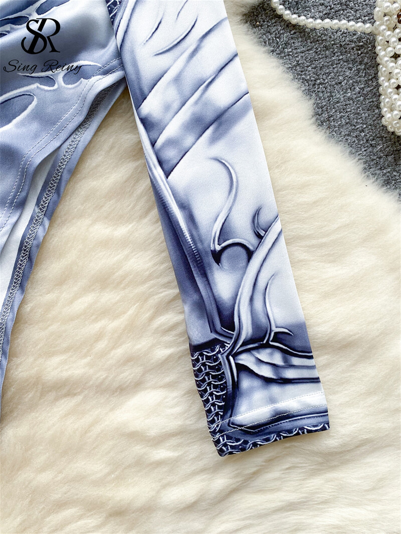 SINGREINY madingi viršutiniai drabužiai Seksualūs Bodysuits Moteriški apykaklė ilgomis rankovėmis Ploni Y2K Viršutinė apvalkalu atvira tarpkojo porno spausdinti žaidimų kostiumai