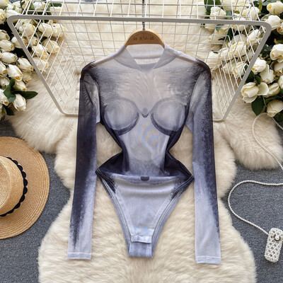 Body sexy imprimeu modă mânecă lungă decolteu o bucată de bază dulce caldă femei gotic slim streetwear salopetă ins