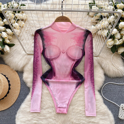 Body sexy imprimeu modă mânecă lungă decolteu o bucată de bază dulce caldă femei gotic slim streetwear salopetă ins