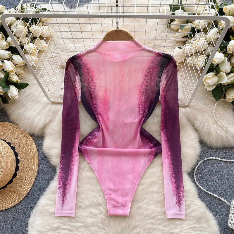 Body sexy imprimeu modă mânecă lungă decolteu o bucată de bază dulce caldă femei gotic slim streetwear salopetă ins