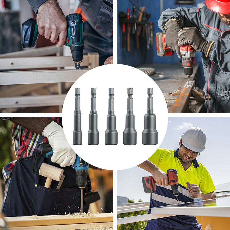 5 бр. Свредло за гнездо на опашка 1/4 5/16 3/8 7/16 1/2 инча Дължина на гнездото за завъртане на магнитна гайка 65 mm Адаптер за свредло за шестостенни гнезда