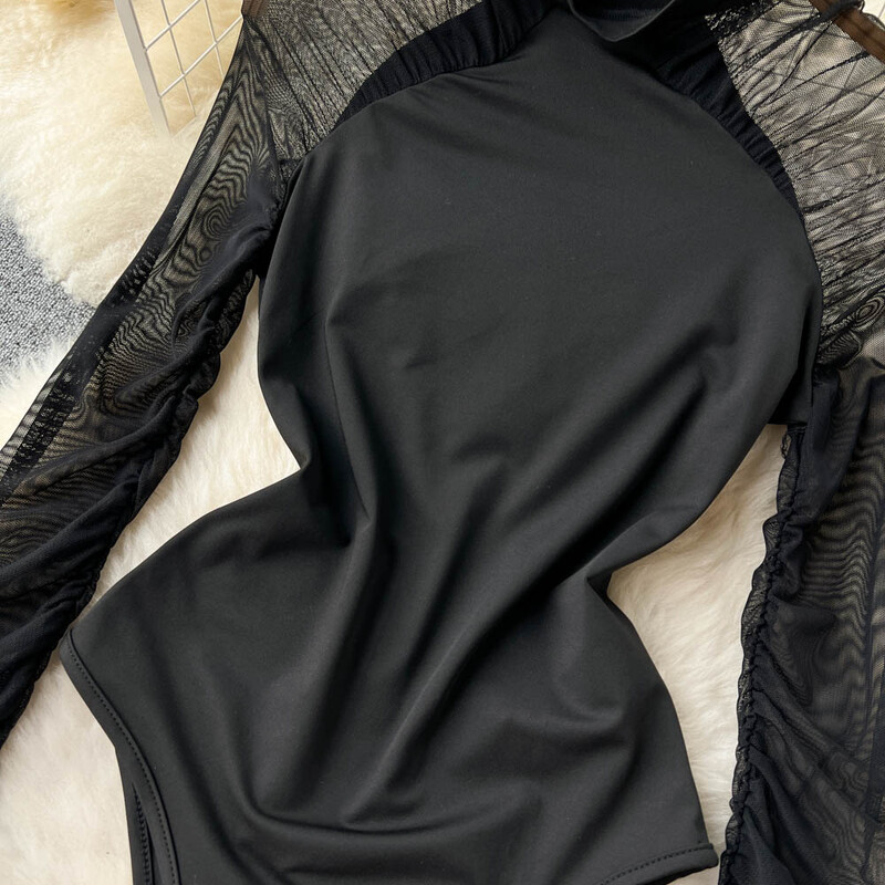 Sexy gázové záhyby, pevný overal, módny dlhý rukáv, O-krk, jeden kus, základné, hotsweet, ženy, gotický, štíhly, streetwear overal