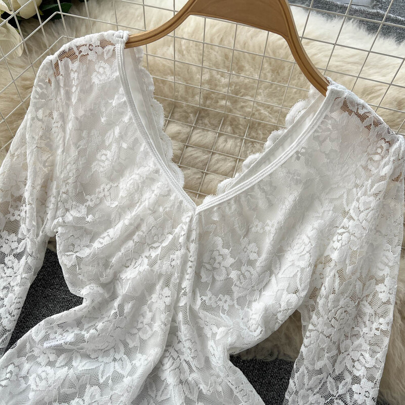 Body sexy din dantelă din plasă, la modă, cu mânecă lungă, cu decolteu în V, dintr-o bucată, de bază, dulce caldă, pentru femei, imprimeu, gotic, subțire, îmbrăcăminte de stradă.