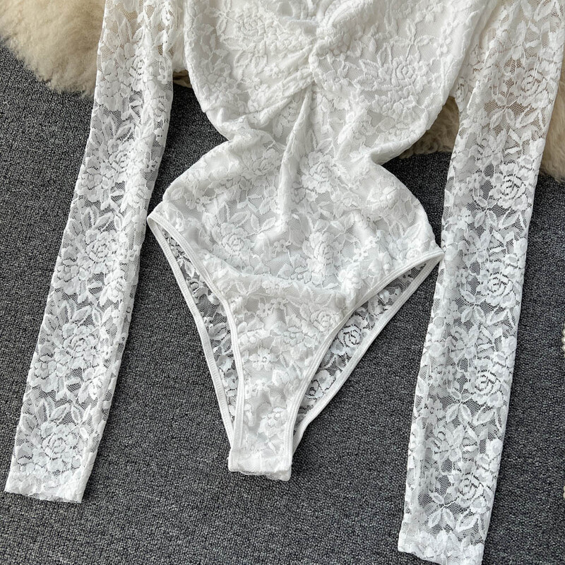 Body sexy din dantelă din plasă, la modă, cu mânecă lungă, cu decolteu în V, dintr-o bucată, de bază, dulce caldă, pentru femei, imprimeu, gotic, subțire, îmbrăcăminte de stradă.