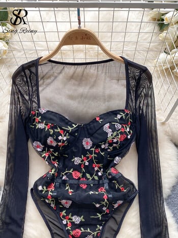 SINGREINY Ρετρό κέντημα Floral Mesh Φορμάκια Γυναικεία μακρυμάνικα διαφανή μπλούζα Sheer Streetwear Slim Sexy Playsuits