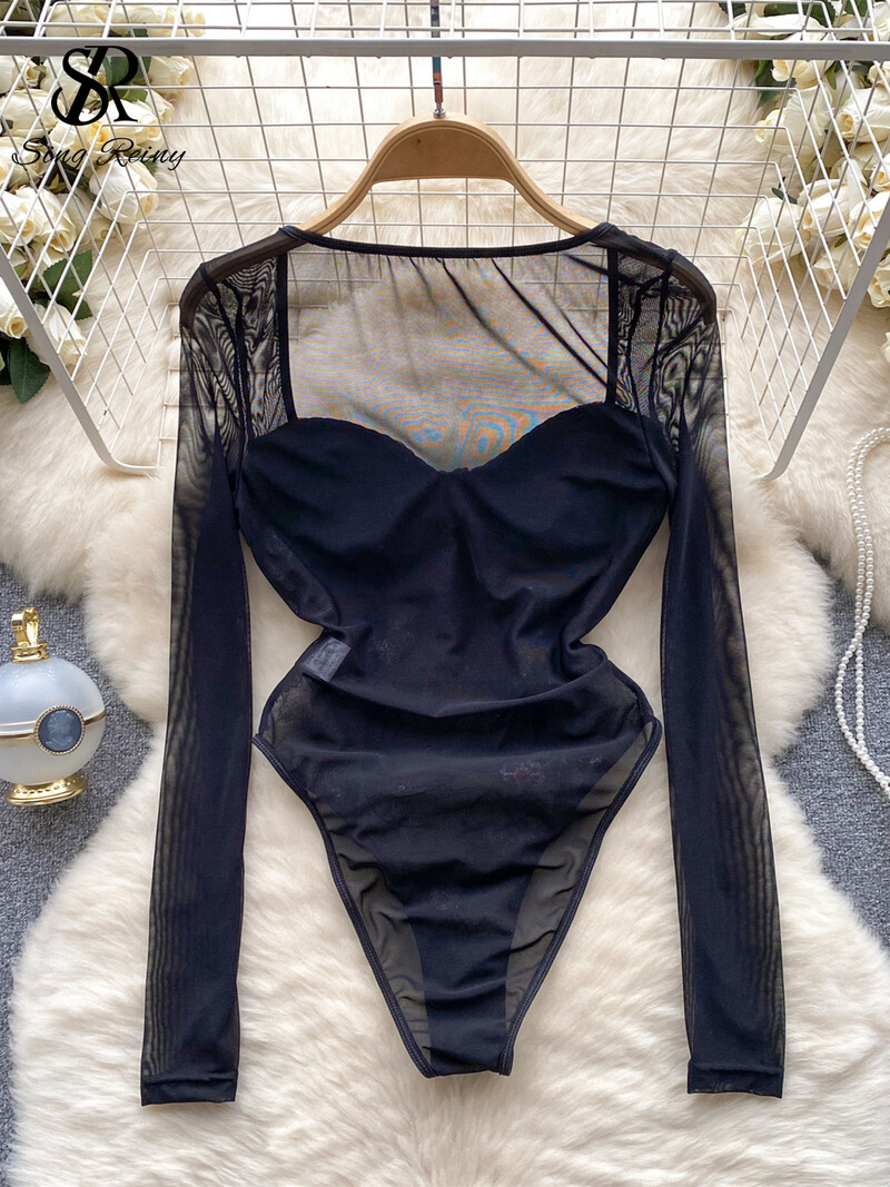 SINGREINY Body cu plasă florală cu broderie retro pentru femei, cu mâneci lungi, salopete transparente, îmbrăcăminte de stradă pură, costume subțiri sexy