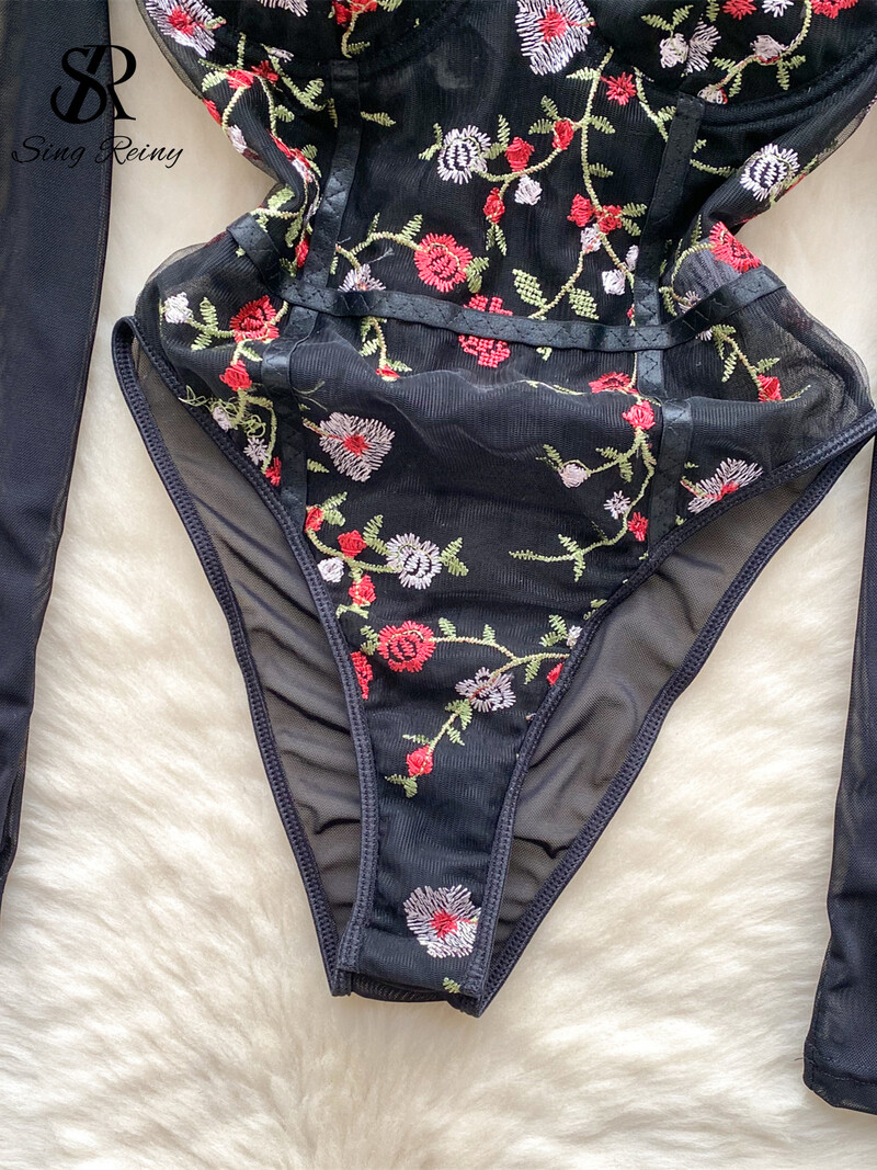 SINGREINY Body cu plasă florală cu broderie retro pentru femei, cu mâneci lungi, salopete transparente, îmbrăcăminte de stradă pură, costume subțiri sexy