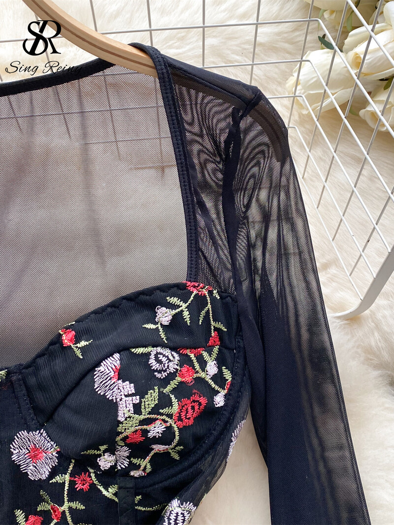 SINGREINY Body cu plasă florală cu broderie retro pentru femei, cu mâneci lungi, salopete transparente, îmbrăcăminte de stradă pură, costume subțiri sexy