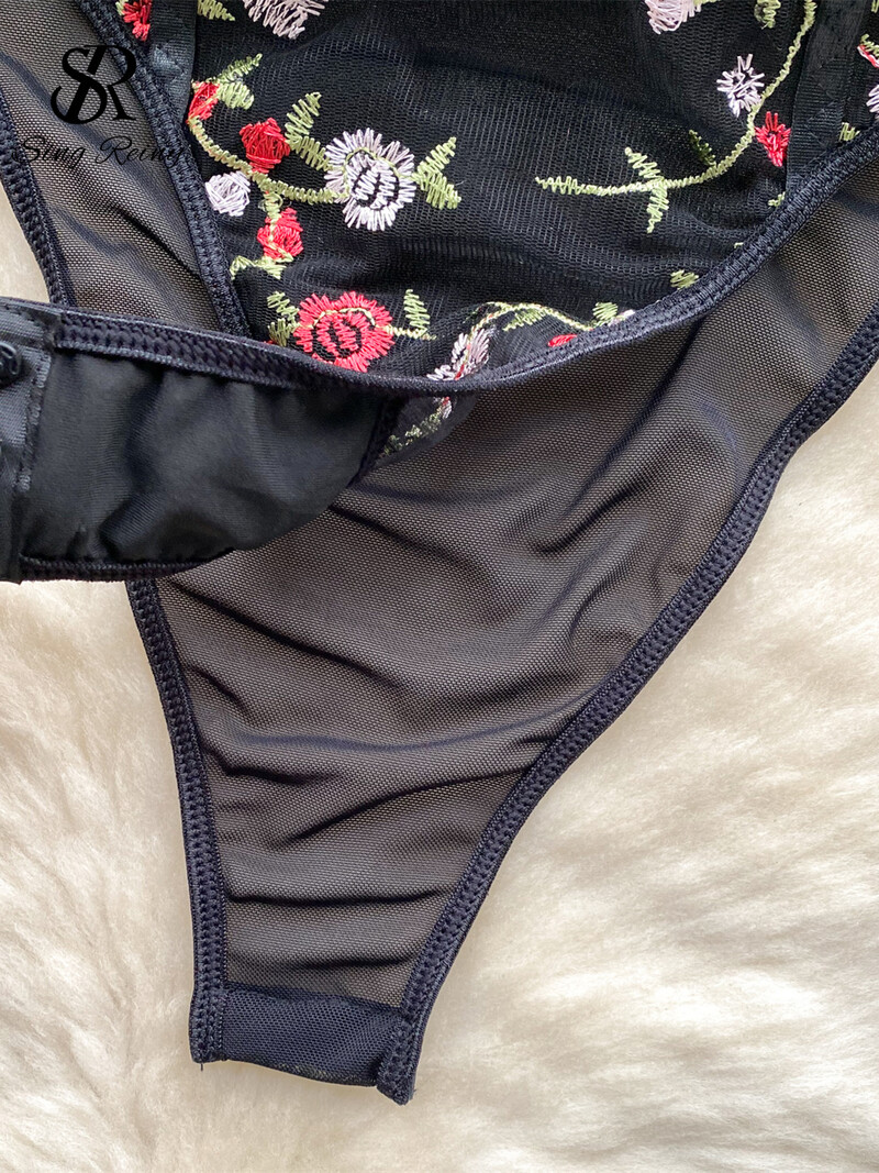 SINGREINY Body cu plasă florală cu broderie retro pentru femei, cu mâneci lungi, salopete transparente, îmbrăcăminte de stradă pură, costume subțiri sexy