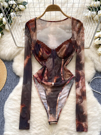 SINGREINY Sieťované potlač sexy body s hranatým výstrihom, dlhými rukávmi, otvoreným rozkrokom, štíhlym overalom s batikovaným retro vzorom