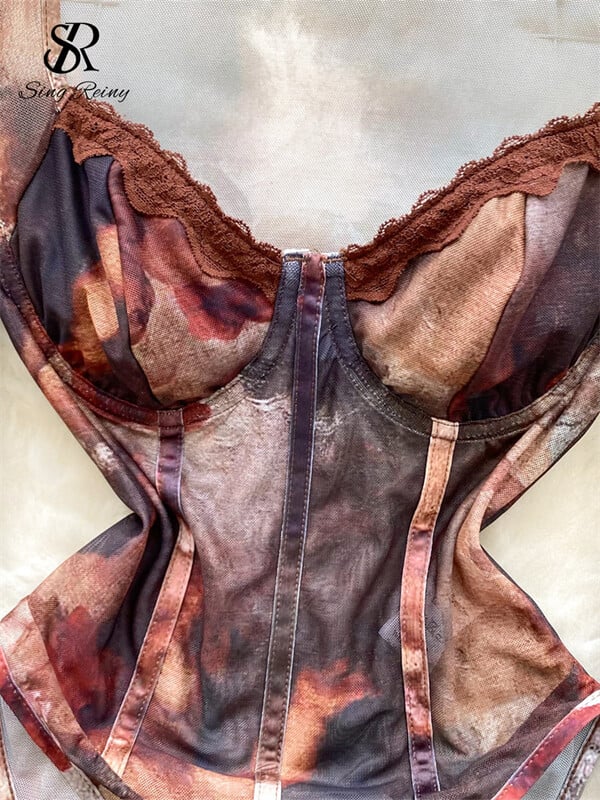 SINGREINY Sieťované potlač sexy body s hranatým výstrihom, dlhými rukávmi, otvoreným rozkrokom, štíhlym overalom s batikovaným retro vzorom